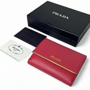 Prada Saffiano Leather Trifold Wallet Purse Logo Pink With Box